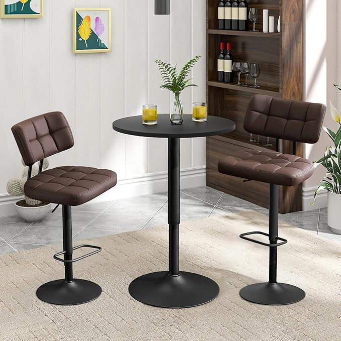 Furniliving Modern Bar Stools Set of 2 Faux Leather, Upholstered Swivel Barstools with Back, Adjustable Bar Chairs Counter Height for Kitchen Island, Dining Space, Brown