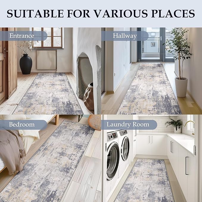 Washable Area Rugs 2'x8' Non-Slip Modern Abstract Soft for Living Room Entryway Bedroom Nursery, Print Pattern, Purple Grey Cream Yellow