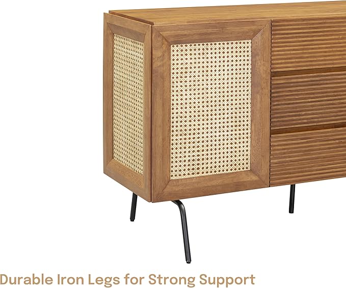 NTC MOSSIC Sideboard with 2 Doors and 3 Drawers, Buffet Cabinet with Natural Rattan and Metal Legs, Modern Storage Cabinet for Living Room, and Hallway, Effortless Assembly, Teak Look
