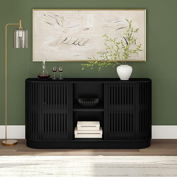 Plank+Beam Contour Wood TV Stand, Two Door Solid Wood Entertainment Console with Storage, 59" L x 16" W x 30" H, Black