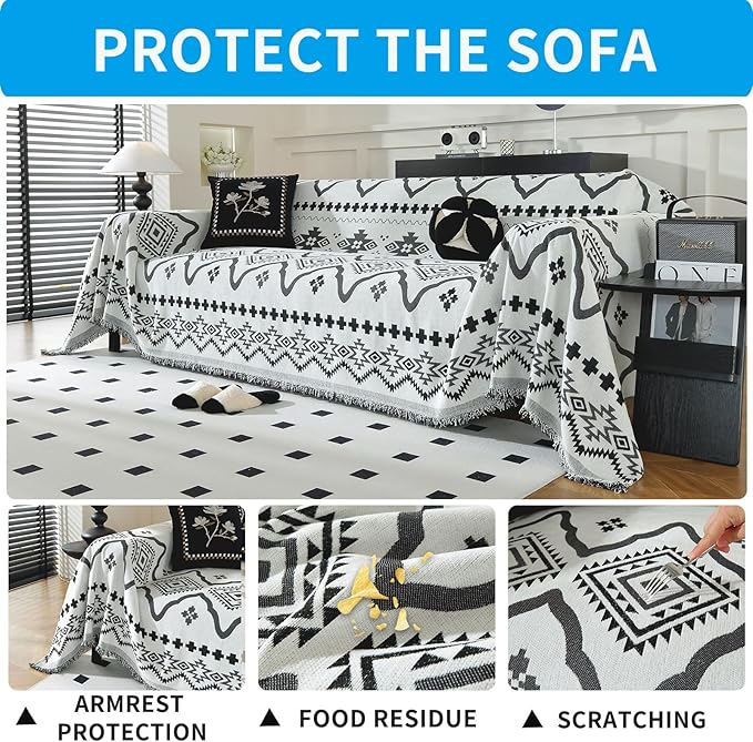 LUFEIJIASHI Boho Couch Covers for Sofa Non Slip Sofa Covers Washable Couch Covers for 3 Cushion Couch Sofa Pet Friendly Sectional Couch Cover Blanket Furniture Protector for Dogs (Black, 71"x134")