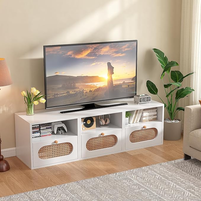 3-in-1 Modular TV Stand with Rattan Doors, DIY Media Console Boho Entertainment Center Modern TV Cabinet with Open Shelves,White