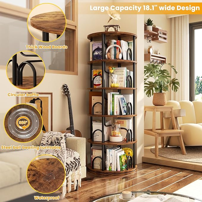 Aheaplus 5 Tier Rotating Bookshelf Tower, 360 Display Spinning Bookcase, Revolving Round Book Shelf Narrow Swivel Bookshelf, Vertical Turning Corner Book Organizer for Small Space, Rustic Brown