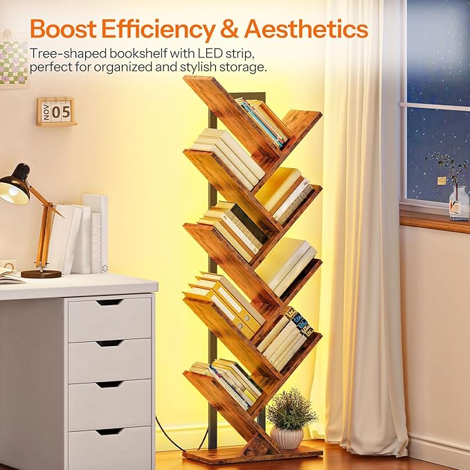 HOOBRO Tree Bookshelf, 9-Tier Tree Bookshelf with Lights, Space-Saving Book Shelf, Holds Books, CDs, Floor Standing Bookcase for Office, Living Room, Bedroom, Rustic Brown and Black BF08DSJ01