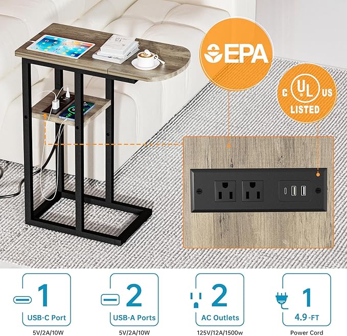 C Table End Table with Charging Station, Couch C Shaped Side Table for Living Room, Bedroom, Laptop Table with USB Ports and Type-C Port, Snack Tray Table for Couch