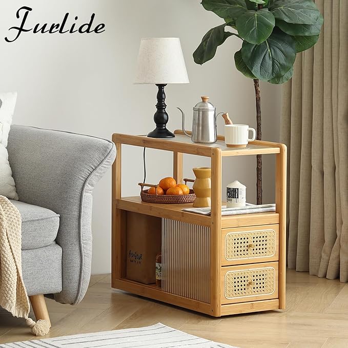 Rattan Nightstand Side Table with Storage, Bamboo Nightstand Bedside Table, Glass Mid Century Modern End Tables for Small Spaces, Living Room, Bedroom，Wood
