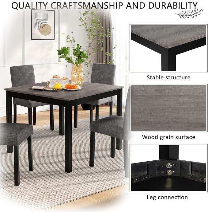 KEIKI 5-Piece Standard Height Dining Table Set with Square Table and 4 Upholstered Curved Backrset Chair, for 4 Person, Modern Wooden Table Set, Easy Assembly, for Kitchen, Dining Room, Black+Gray