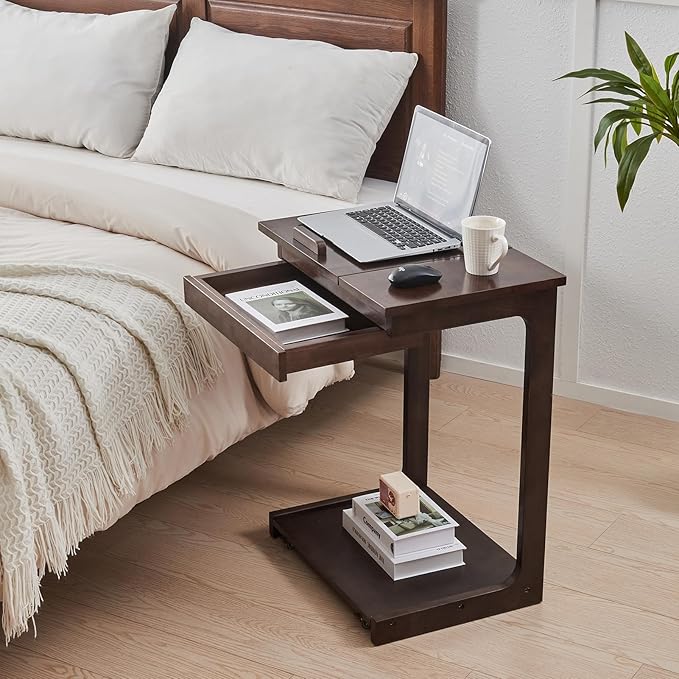 CozyDH Rolling Side Table with Wheels, Adjustable C Shaped End Table for Couch, Solid Wood TV Tray Sofa Arm Table for Eating Multi-Purpose, Small Coffee Table Living Room Bedroom, Walnut