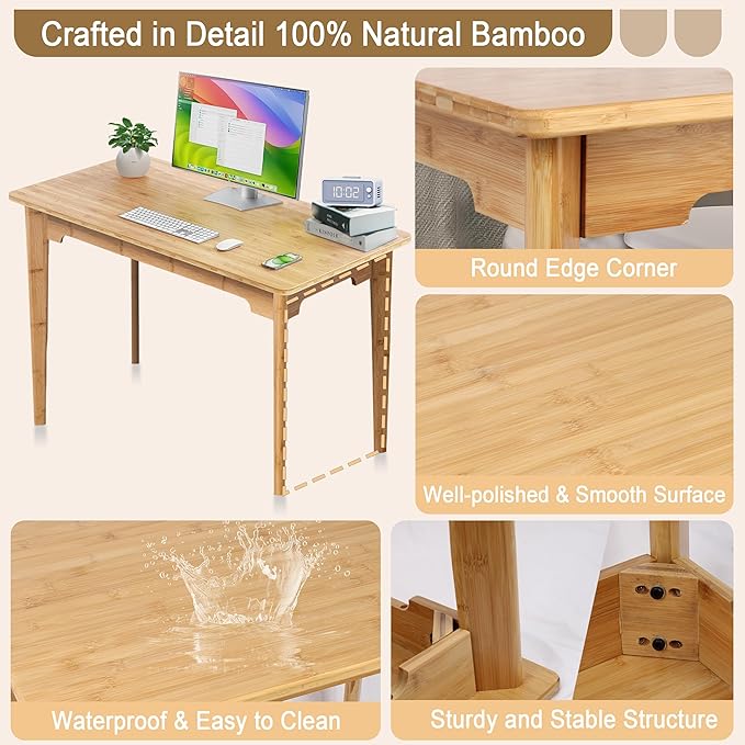 DOUSY- Bamboo Writing Desk Writing Computer Desk Study Desk Home Office Desk Writing Table, Modern Furniture Study 47" Solid Bamboo Multipurpose Table, for Living Room, Bedroom, Natual Color