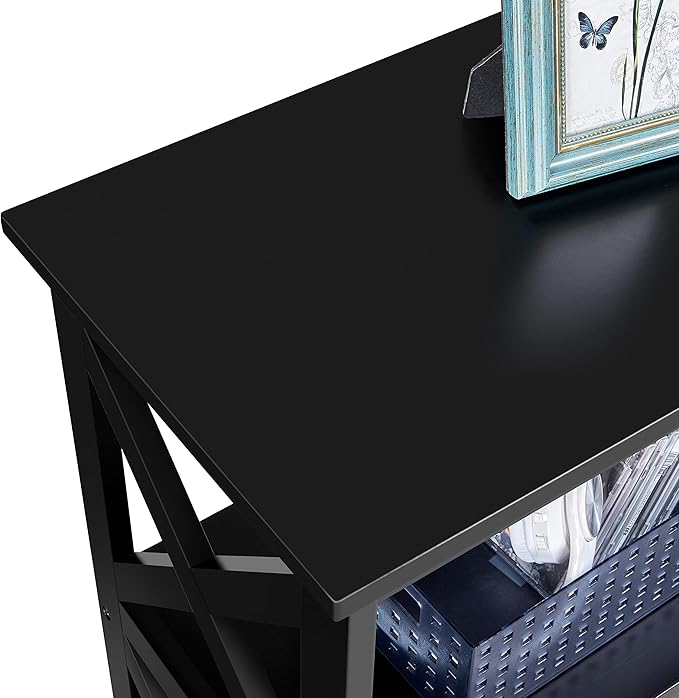 Yaheetech Entryway Table with Storage Shelves, Console Table with Power Outlets and USB Ports, Wood Narrow Sofa Tables with X-Shaped Design for Living Room/Hallway/Couch, Black