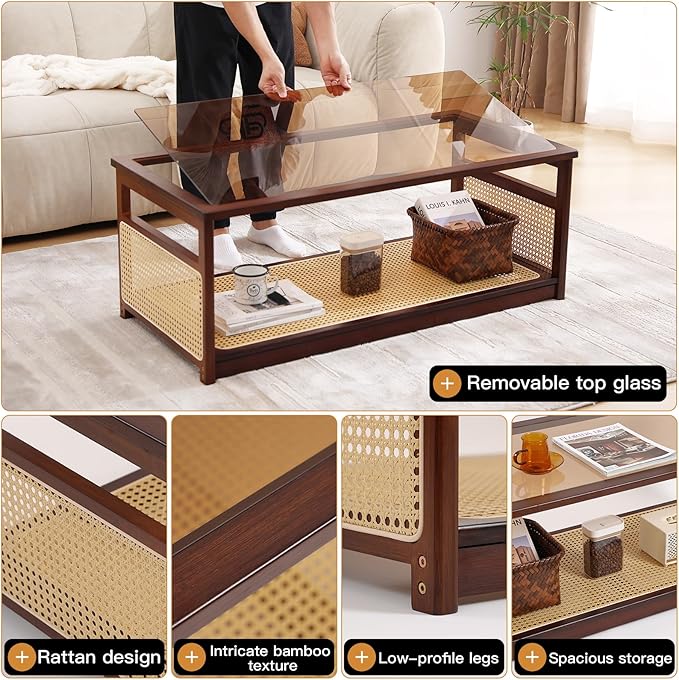 Welnow Rattan Coffee Table for Living Room, Modern 2-Tier Rectangle Center Table with Storage Shelf and Glass Top, Mid-Century Boho Furniture for Apartment, 47.5" Walnut