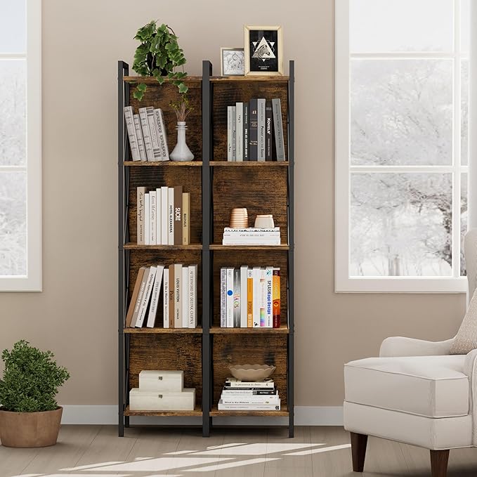 Homhedy 5 Tier Bookshelf Bookcase, Tall Narrow Bookshelf for Small Space, Metal Storage Shelves with Back Panel, for Home Office, Living Room, Kitchen, Bedroom, Industrial Style, Rustic Brown