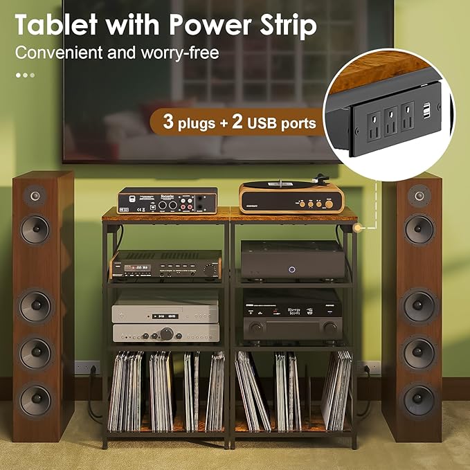 Record Player Stand with Storage, 4 Tier Turntable Stand with Vinyl Record Storage, Stereo Cabinet with Record Holder, Media Stand with Outlets for Entertainment Center