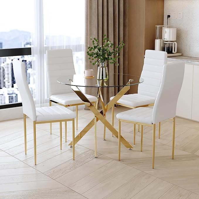 Round Tempered Glass Dining Table for 2-4 with Chromed Legs, 35.5 Inch Modern Small Kitchen Table Dining Room Table for Kitchen Dining Room (Gold)