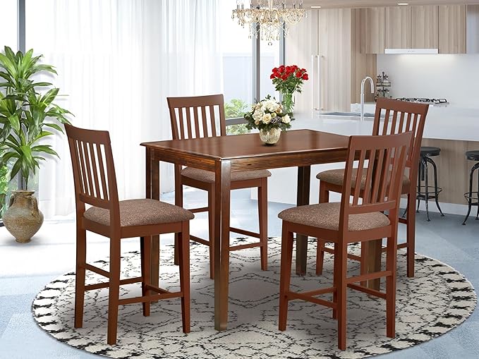 East West Furniture YAVN5-MAH-C 5 Piece Counter Height Pub Set Includes a Rectangle Dining Table and 4 Linen Fabric Kitchen Dining Chairs, 30x48 Inch, Mahogany