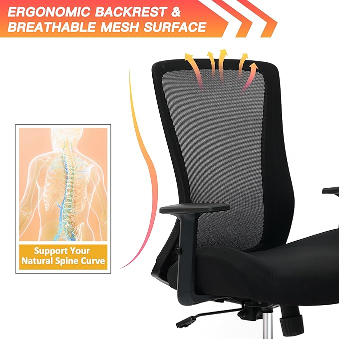 Big and Tall Office Chair for Heavy People 400lb, Ergonomic Desk Chair Mesh Computer Chair with Lumbar Support, Adjustable Height and Armrests