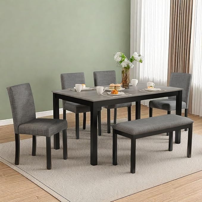 Dining Table Set for 5, 6-Piece Kitchen Table & Chairs Set with Rectangular Table, Bench & 4 Upholstered Chairs, 39'' Dinner Set with Wood Legs & Curved Backrest for Kitchen, Light Black