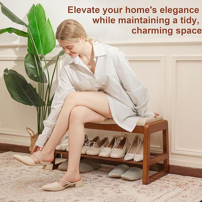 Shoe Bench Storage Rubberwood with Leather Cushion 39.4", Waterproof Easy to Clean 550LBS Organizer Shoe Rack for Entryway, Hallway, Mudroom, Front Door