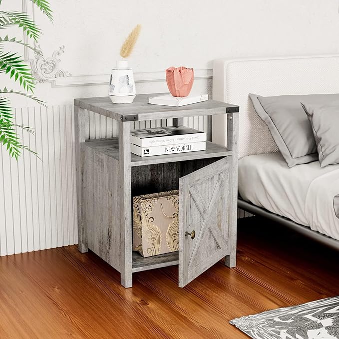 Farmhouse Nightstand Set of 2, Rustic End Table with Storage, Bedroom Night Stand, Industrial Bedside Table with USB Ports and Outlets, 17.7 x 17.7 x 23.6 inches, Grey