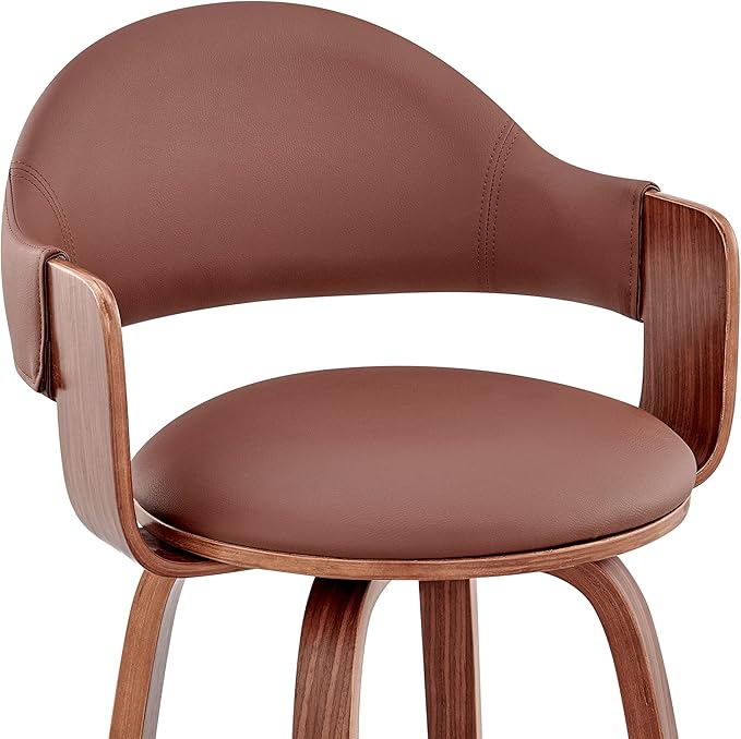 Armen Living Daxton Mid Century Modern Swivel Bar Stool for Kitchen Island Counter in Brown Faux Leather and Walnut Wood, 26" Seat Height