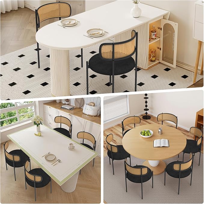 Mid Century Modern Dining Chairs Set of 2 with Rattan Backrest,Velvet Upholstered Accent Kitchen & Dining Room Chairs with Sturdy Metal Frame,Black