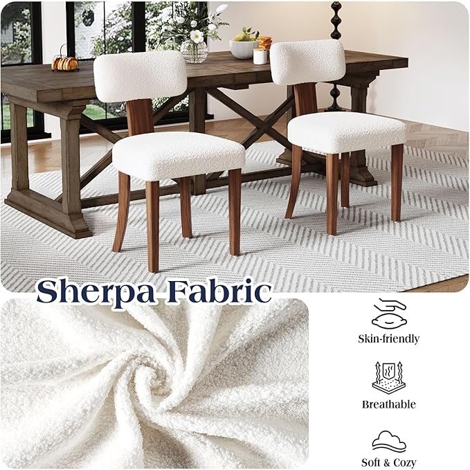 Farmhouse Chair Set of 2, Mid Century Modern Dining Chairs, Sherpa Upholstered Kitchen Chairs with Curved Backrest & Adjustable Legs for Living Room/Bedroom, Easy to Install, White Sherpa