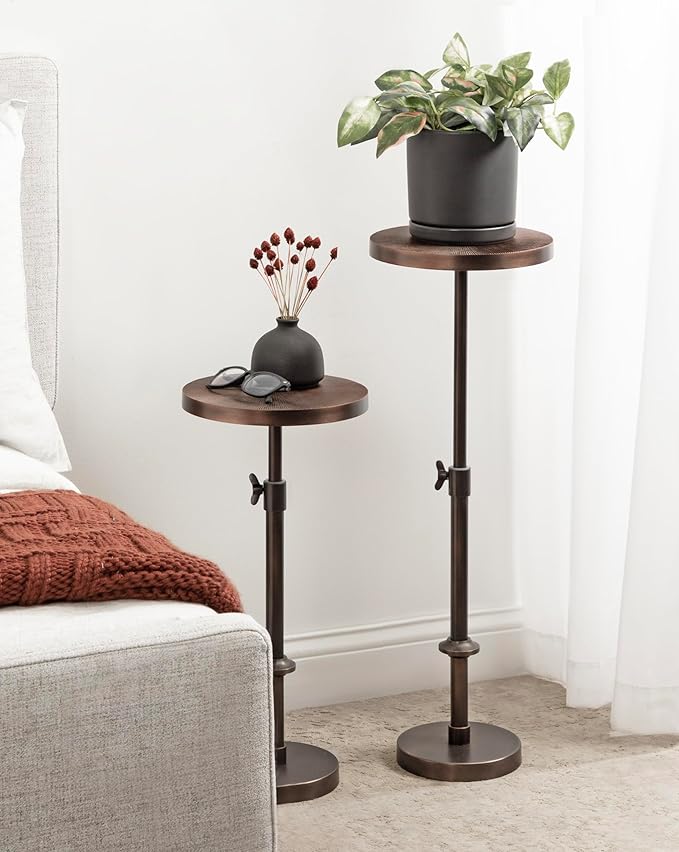 Kate and Laurel Engles Traditional Adjustable-Height Pedestal Drink Table; 10 x 10 x 30; Bronze; Vintage Round Indoor Metal Plant Stand with Embossed Sunburst Pattern