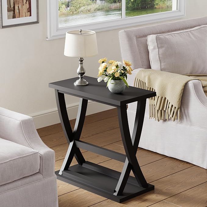 ChooChoo Black End Tables Living Room Set of 2, Narrow Side Table with Storage Shelf, Modern X-Design Slim End Table for Living Room, 11.8" D*23.6" W*23.4" D