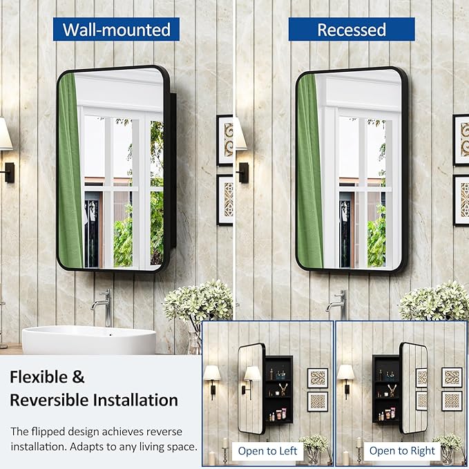 16x24 Inch Black Mirror Medicine Cabinet Metal Framed Recessed Wall Mounted Bathroom Medicine Cabinet with Mirror and Storage