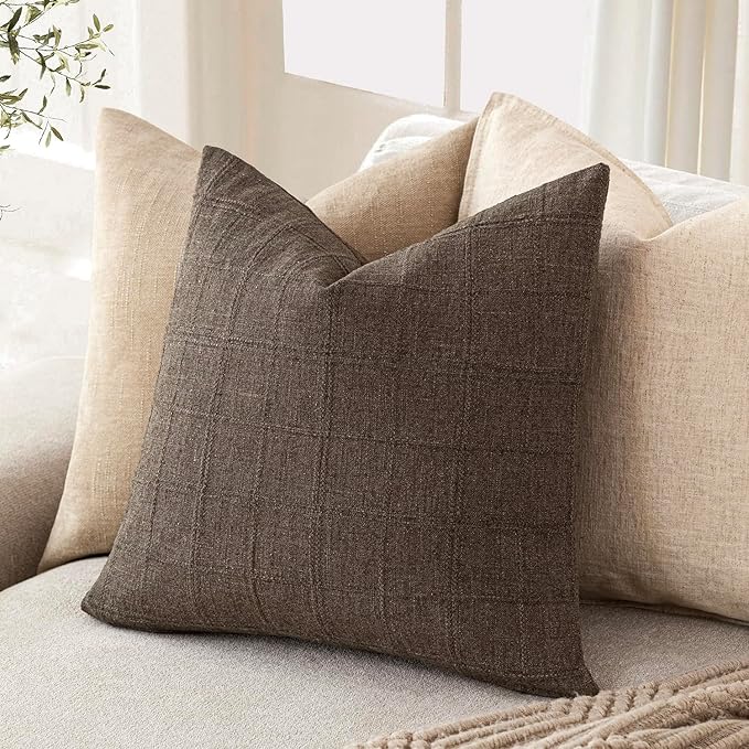 Foindtower Set of 2 Decorative Linen Check Throw Pillow Covers Neutral Farmhouse Vintage Cushion Covers Modern Boho Home Decor for Sofa Chair Couch Bedroom Living Room Outdoor,20×20 Inch,Dark Brown