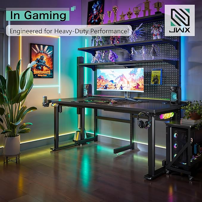 JWX Dual Motor 4 Leg Standing Gaming Desk with LED Lights,71'' Height Adjustable Sit Stand Computer Table, Flip-Up Cable Management Panel, Memory Presets Ergonomic Workstation for Gaming Room Setup
