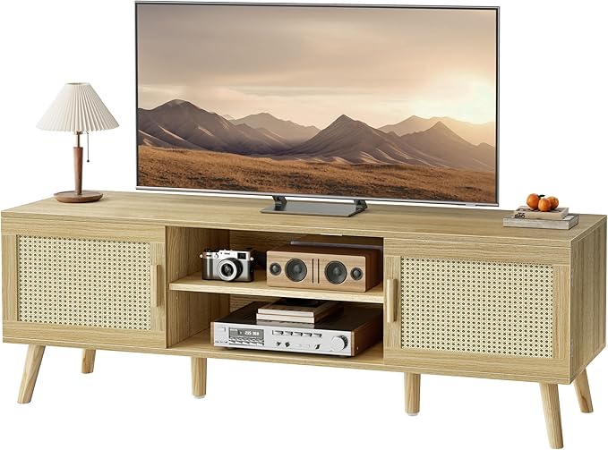 SUPERJARE Boho TV Stand for 65 Inch TV, Entertainment Center with Adjustable Shelf, Rattan TV Console with 2 Cabinets, Media Console, Solid Wood Feet, 4 Cord Holes, for Living Room - Natural