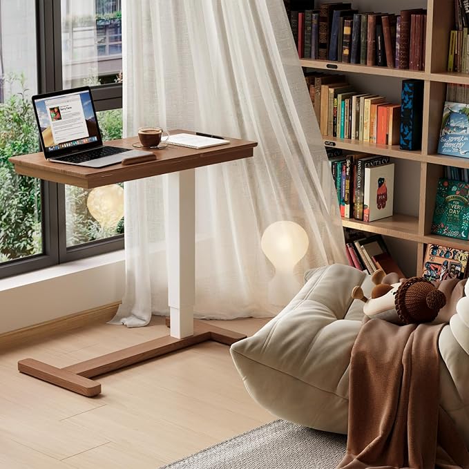 Solid Wood Overbed Bedside Table with Wheels, Adjustable Medical Tilt Top Hospital Bed Table Over The Bed, Rolling Laptop Desk, Mobile Standing Desk for Hospital and Home Use (Walnut)