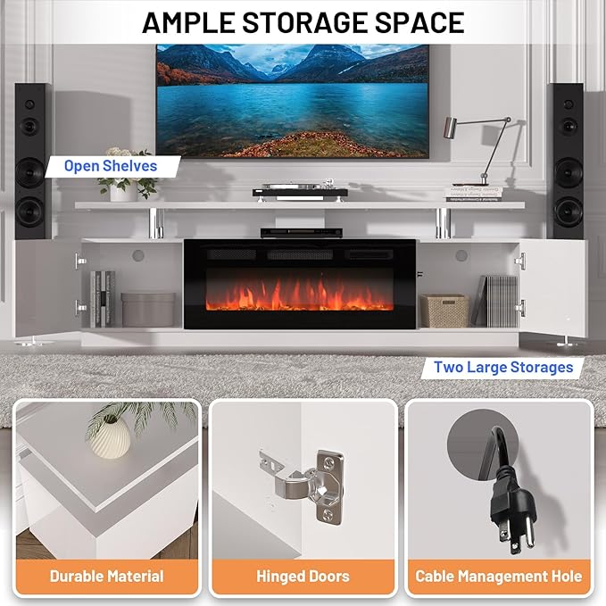 GarveeHome 70 Inch Fireplace TV Stand with 36 Inch Electric Fireplace, 12 Colors LED Lights, 750W/1500W for Max 80 Inch TV, 2 Tier Storage 2 Door Cabinet