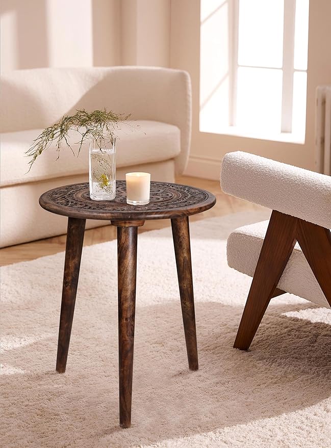 Wooden Table with 3 Legs Pillar,Carving End Tables,Round Coffee Table for Livingroom,Entryway Table,Living Room Side Table for Magazines,Books and Plants - 18"x22" - Burnt
