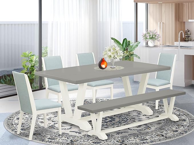 East West Furniture V097LA015-6 6 Piece Dining Table Set Contains a Rectangle Dining Room Table with V-Legs and 4 Baby Blue Linen Fabric Parson Chairs with a Bench, 40x72 Inch, Multi-Color