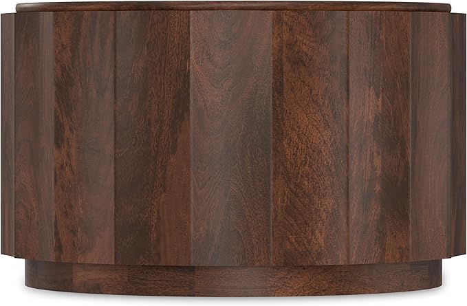 SIMPLIHOME Trenton Coffee Table - 32 inch Wide Solid Mango Wood Round Living Room Table in Walnut Brown, Contemporary Sculpted Drum Center Table for Family Room with Scalloped Edge, Assembled