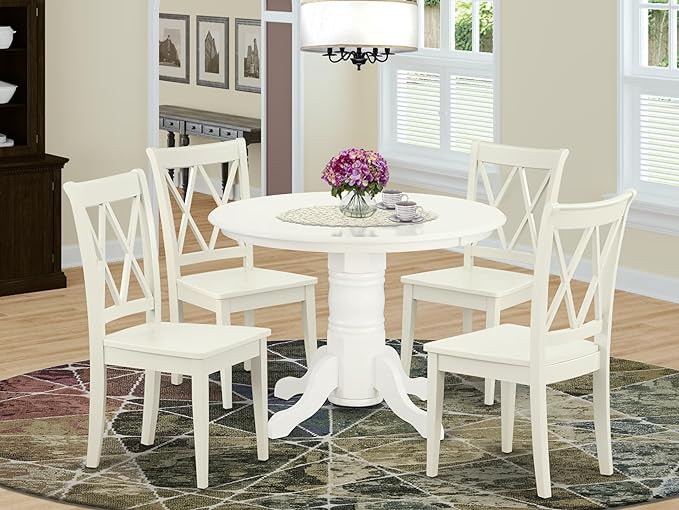 East West Furniture SHCL5-LWH-W 5 Piece Dining Table Set for 4 Includes a Round Kitchen Table with Pedestal and 4 Kitchen Dining Chairs, 42x42 Inch, Linen White