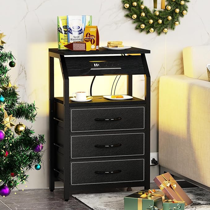 End Table with 3 Drawers, Nightstand with Charging Station and LED Lights, Small Fabric Dresser for Bedside, Storage Side Table for Living Room Dorm, Black