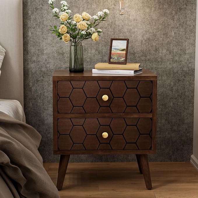 COSIEST Modern End Table w Honeycomb Pattern, Mid-Century Nightstand w Storage Drawer, Small Wood Accent End Table for Bedroom, Living Room
