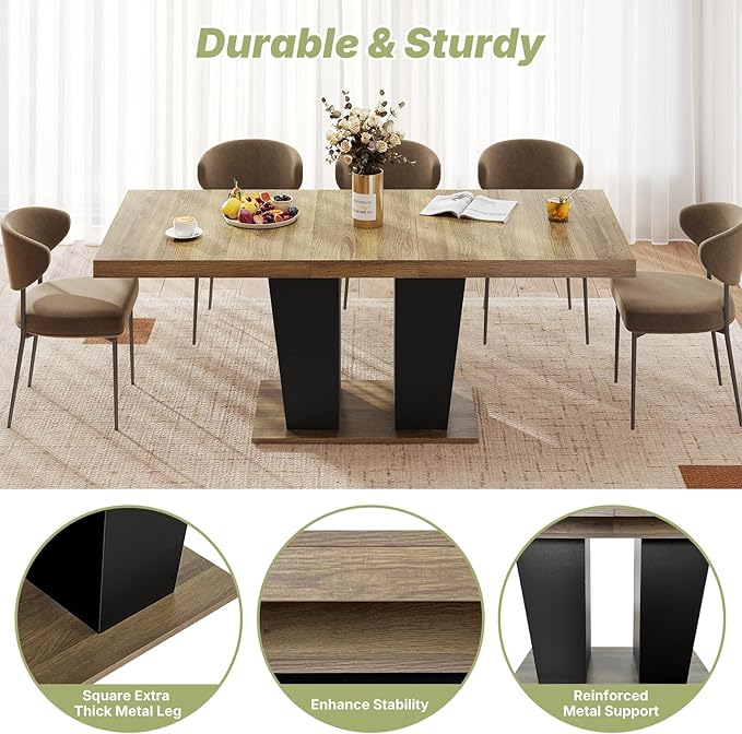 63"-78.7" Expandable Dining Table, 6-10 Rectangle Table, Extendable Console Table, Wooden Farmhouse Kitchen Table with Metal Track & Dual Column Base for Living, Office-Beige Brown