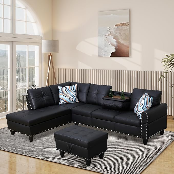L Shaped Modular Sectional Sofa with Reversible Chaise Lounge, 5-Seater Corner Couch, PU Leather Convertible Sofá w/Movable Ottoman, Cup Holders, 2 Pillows and Rivet Ornament for Living Room