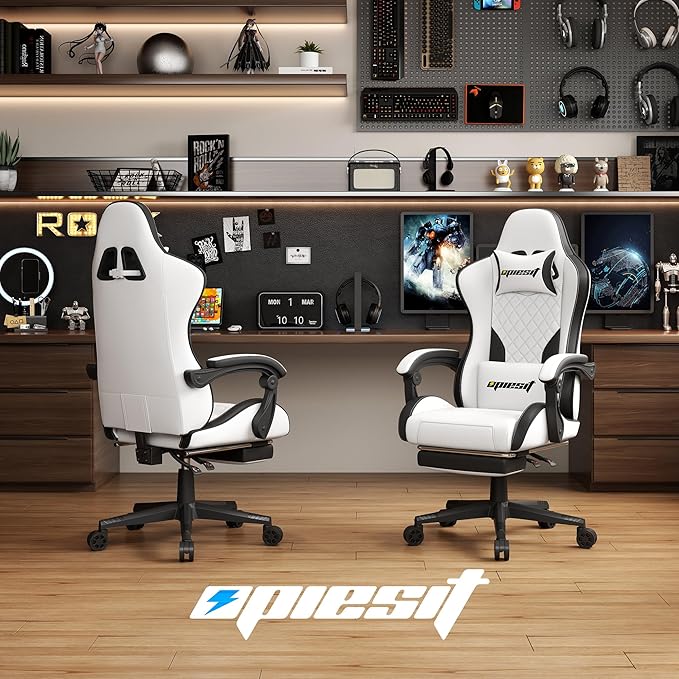 Gaming Chair,Ergonomic Computer Chairs for Adults with Footrest, PU Leather Office Chair with Adjustable Lumbar Support & Pocket Spring Cushion - Heavy Duty 400lb Capacity Gamer Chair (White)