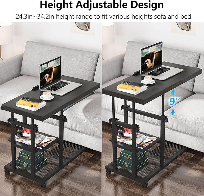 Tribesigns Height Adjustable C Table with Wheels, Mobile Couch Snack Side Table with Tiltable Drawing Board, Sofa Bedside Laptop Stand C Shaped TV Tray with Storage Shelves (Black)