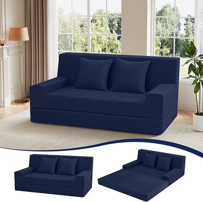 MeMoreCool Boneless Folding Sofa Bed Queen, Corduroy Convertible Sleeper Chair, Foldable Foam Mattress Chair, Comfy Fold‑Out Futon Couch Bed, Large Floor Sofa Couch for Living Room Guest