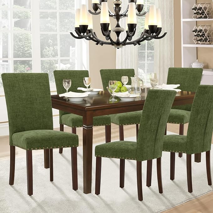 Parsons Dining Chairs Set of 4, Upholstered Nailhead Dining Room Kitchen Side Chair with Thick Cushions and Wood Legs, Green