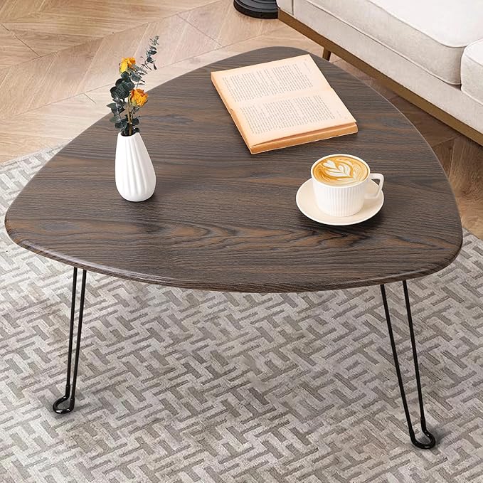 Folding Coffee Tables for Small Spaces Foldable Industrial Sofa Center Table Triangle Design Wood Framed Coffee Table Mid Century Rustic Brown Floor Desk for Living Room Balcony