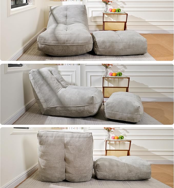 Bean Bag Chair with Ottoman, Comfy Bean Bag Sofa with Memory Foam, Lazy BeanBag Sofa with Footstool, Fireside Bean Bag Couch for Living Room, Bedroom, Apartment (Gray)