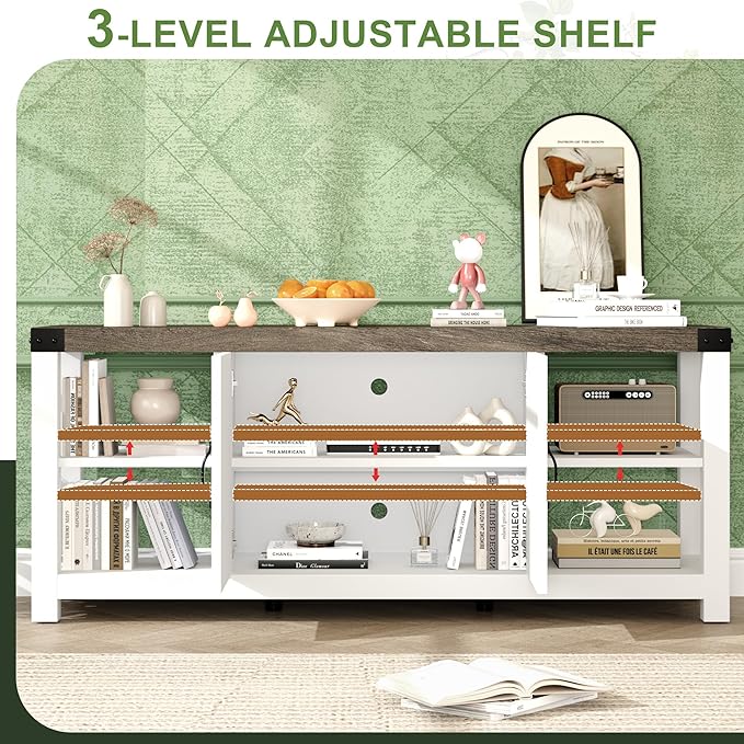 TV Stand for 65 Inch TV, 60 Inch Entertainment Center with Storage, Farmhouse TV Console Table with Shelves, Wooden Media Console Cabinet with Doors, Modern TV Stand for Living Room, Bedroom - White