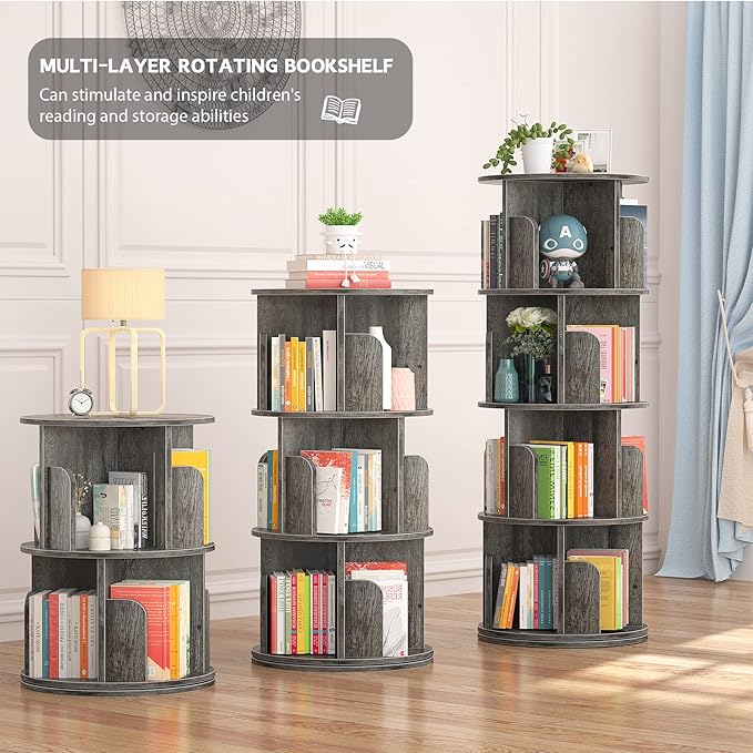 Aheaplus Rotating Bookshelf, 360 Display Corner Bookshelf for Small Space, 4 Tier Floor Standing Bookcase Storage Rack, Wood Narrow Book Shelf Organizer for Bedroom, Living Room, Study Room, Grey Oak